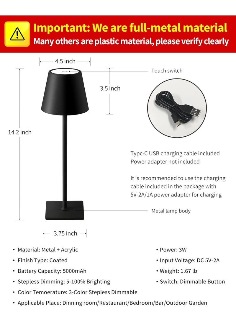Wireless Table Lamps, Set of 2, Portable LED Desk Lamps, Battery Operated, 3-Color Stepless Dimming for Restaurant, Bedroom, Outdoor Camping - Image 3